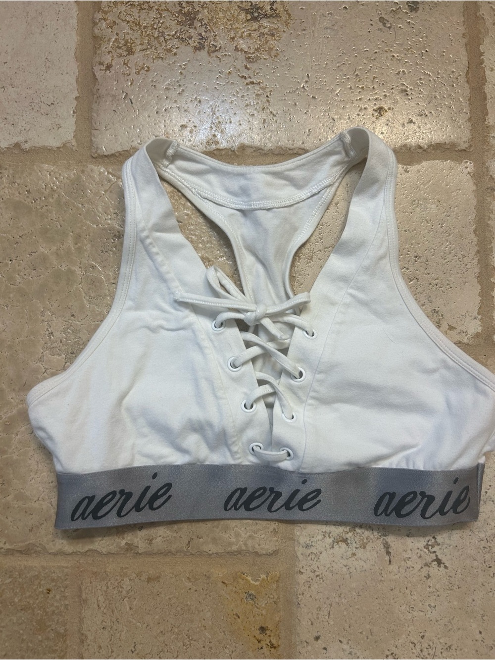 Aerie White Lace-Up Racerback Sports Bralette medium